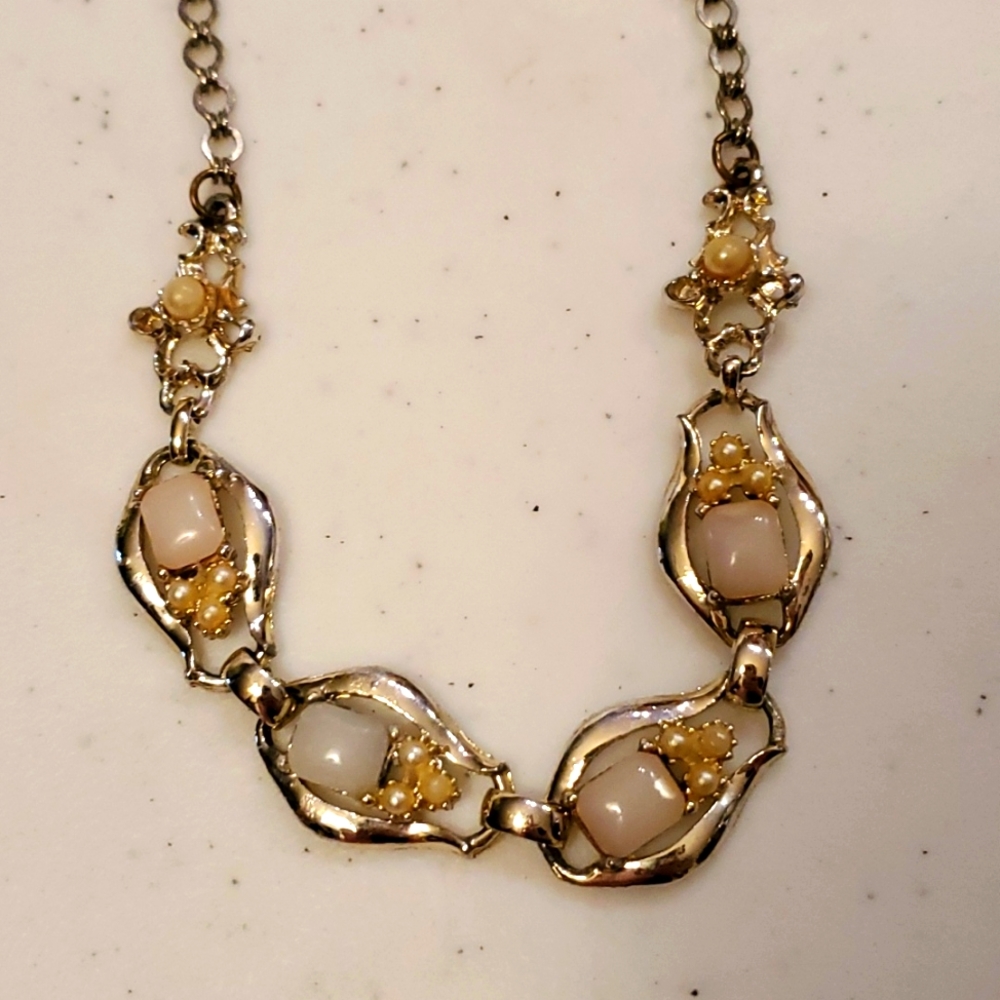 Vintage faux pearl and onyx necklace choker bracelet 16"